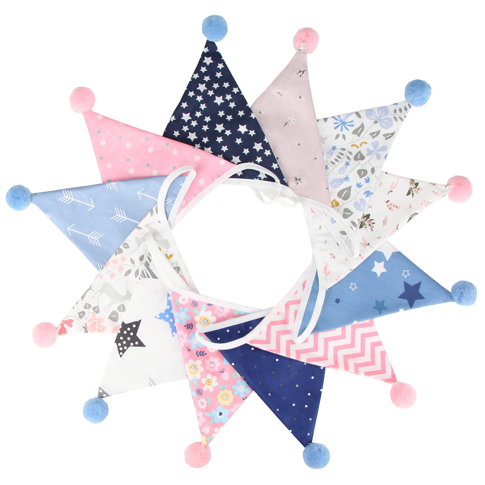 G2PLUS 4M Fabric Bunting Banner with Poms -12PCS Double Sided Cotton Pennants - 17x19CM Floral Triangle Garlands for Birthday Parties Ceremonies Kitchen Bedrooms Decoration-Pink and Blue