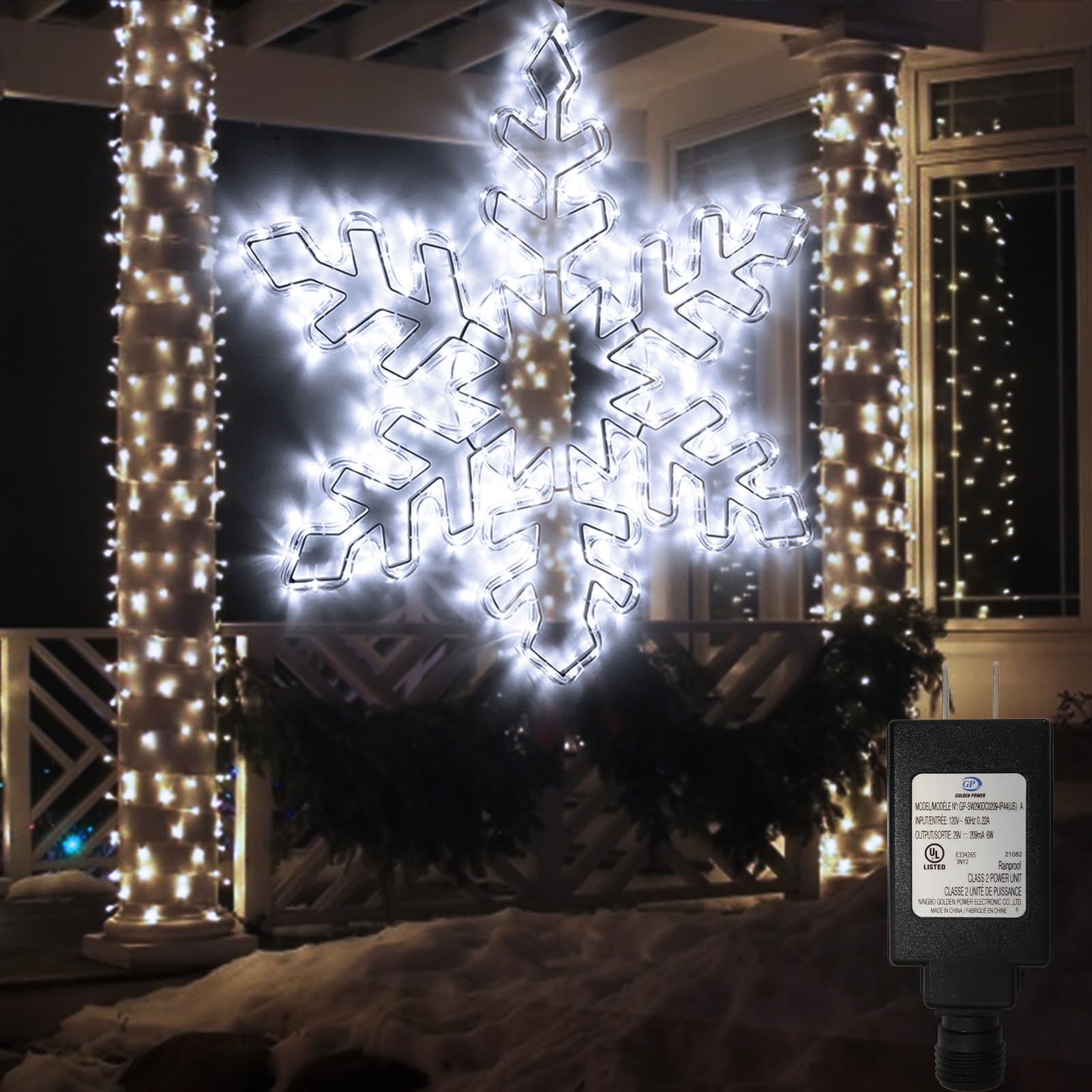 Photo 1 of DBFAIRY 27" Christmas Big Snowflake Lights Mains Powered Window Hanging Lights Christmas Snowflakes Light,16.8Ft Long Cable Festive Decor for Porch Wall Window Decor