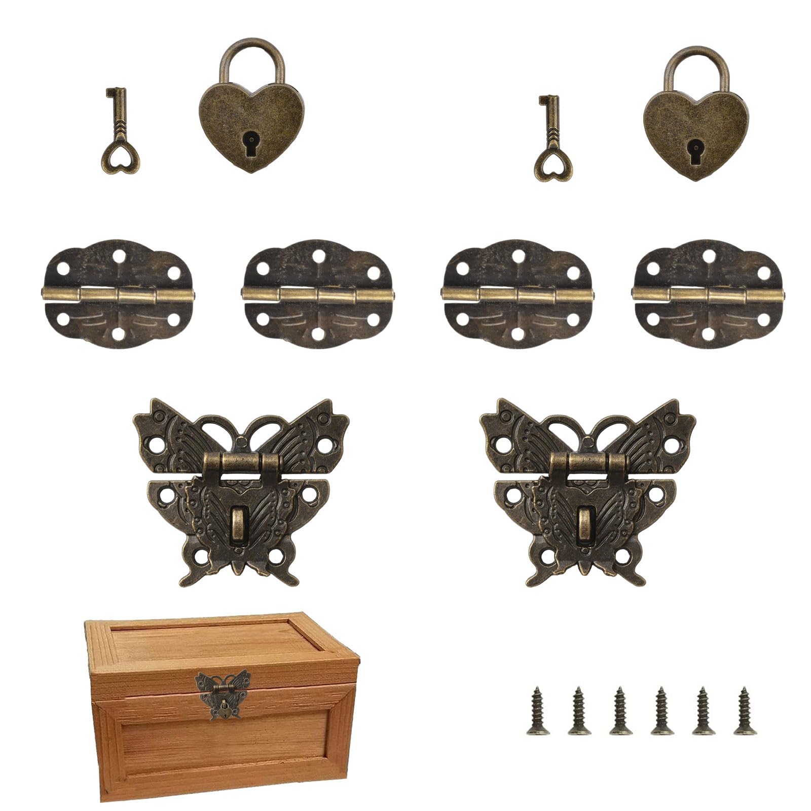 MOROBOR Antique Jewelry Box Butterfly Antique Lock Latch Hasp Box Hinges Heart Padlocks with Key for DIY Jewelry Box, Wood Case Jewelry Chest Storage Box 2 Sets 8 PCS Box not Included