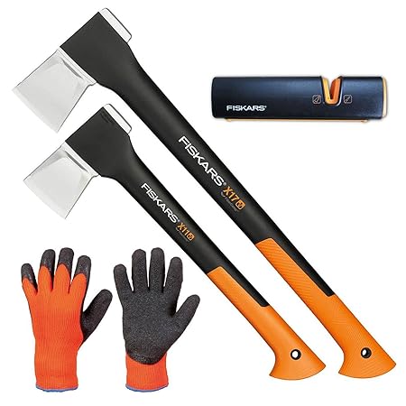 FISKARS© Set Spaltaxt X17 - M + X11 - S + Xsharp Axt- und Messerschärfer + Handschuhe