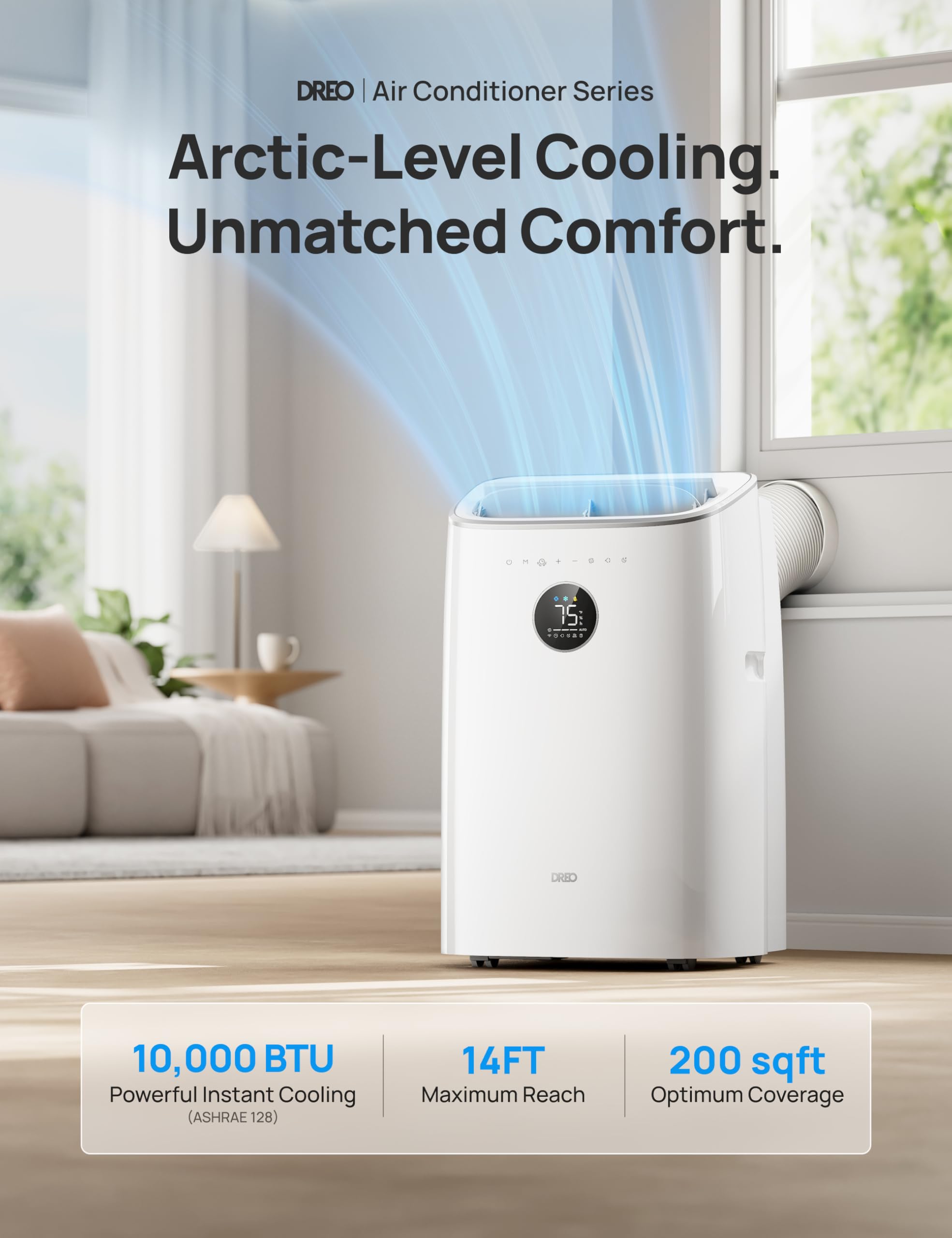 Dreo Portable Air Conditioners, 10,000 BTU ASHRAE (6000 BTU SACC) Smart AC Unit for Bedroom with Dehumidifier, Drainage-free Cooling, 45dB Quiet, APP/Voice/Remote, Standing AC for Room Indoors, AC319S