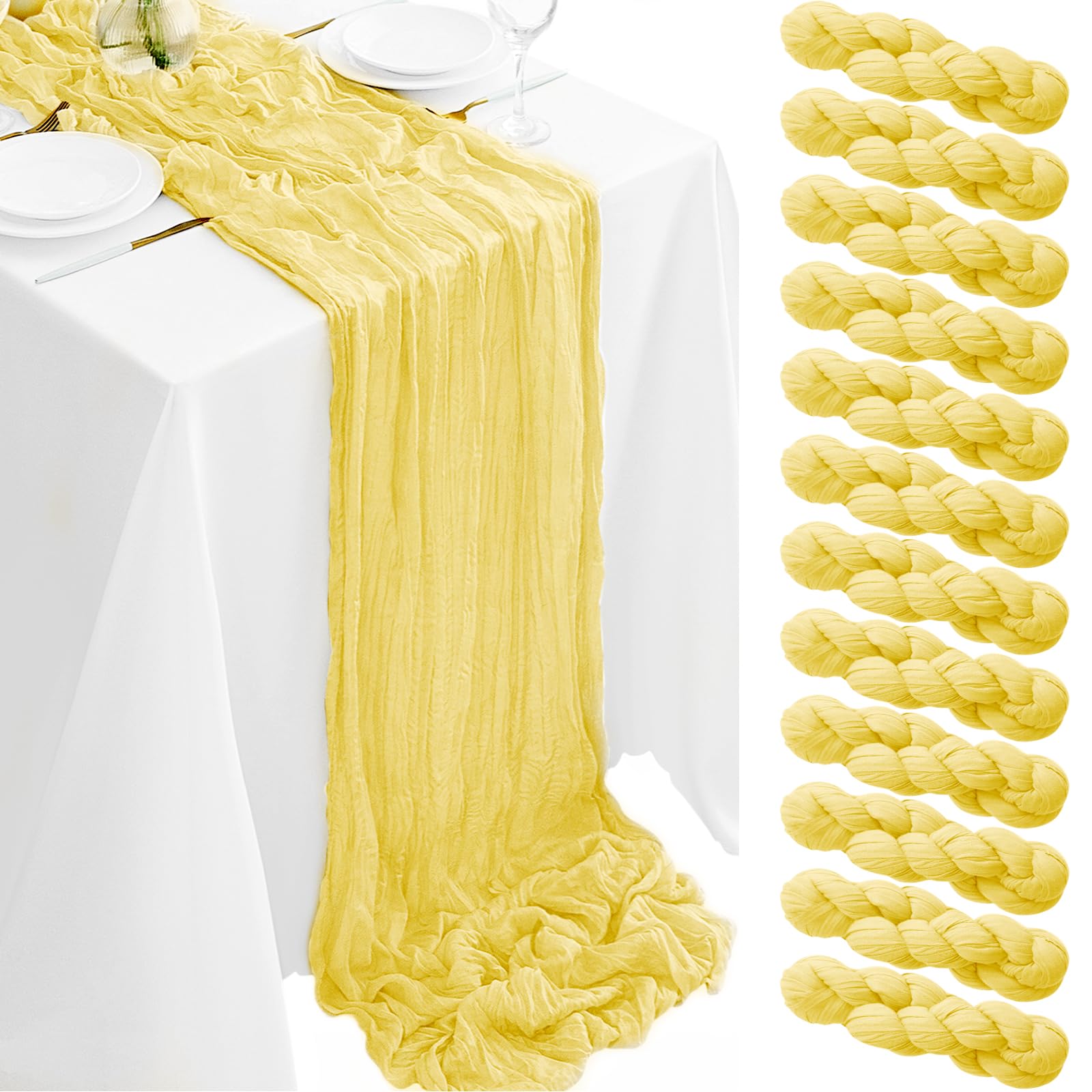 Photo 1 of 12Pack Light Yellow Cheesecloth Table Runner 35x120Inch Spring Easter Cheese Cloth Table Runner 10FT Boho Gauze Table Runners Rustic Sheer Table Runners for Wedding Bridal Baby Shower Party Decor