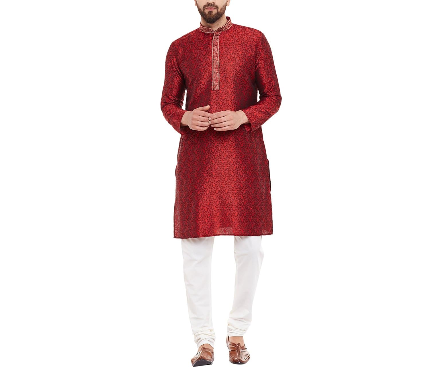 sojanya (since 1958) men's maroon jacquard silk kurta & churidaar pyjama