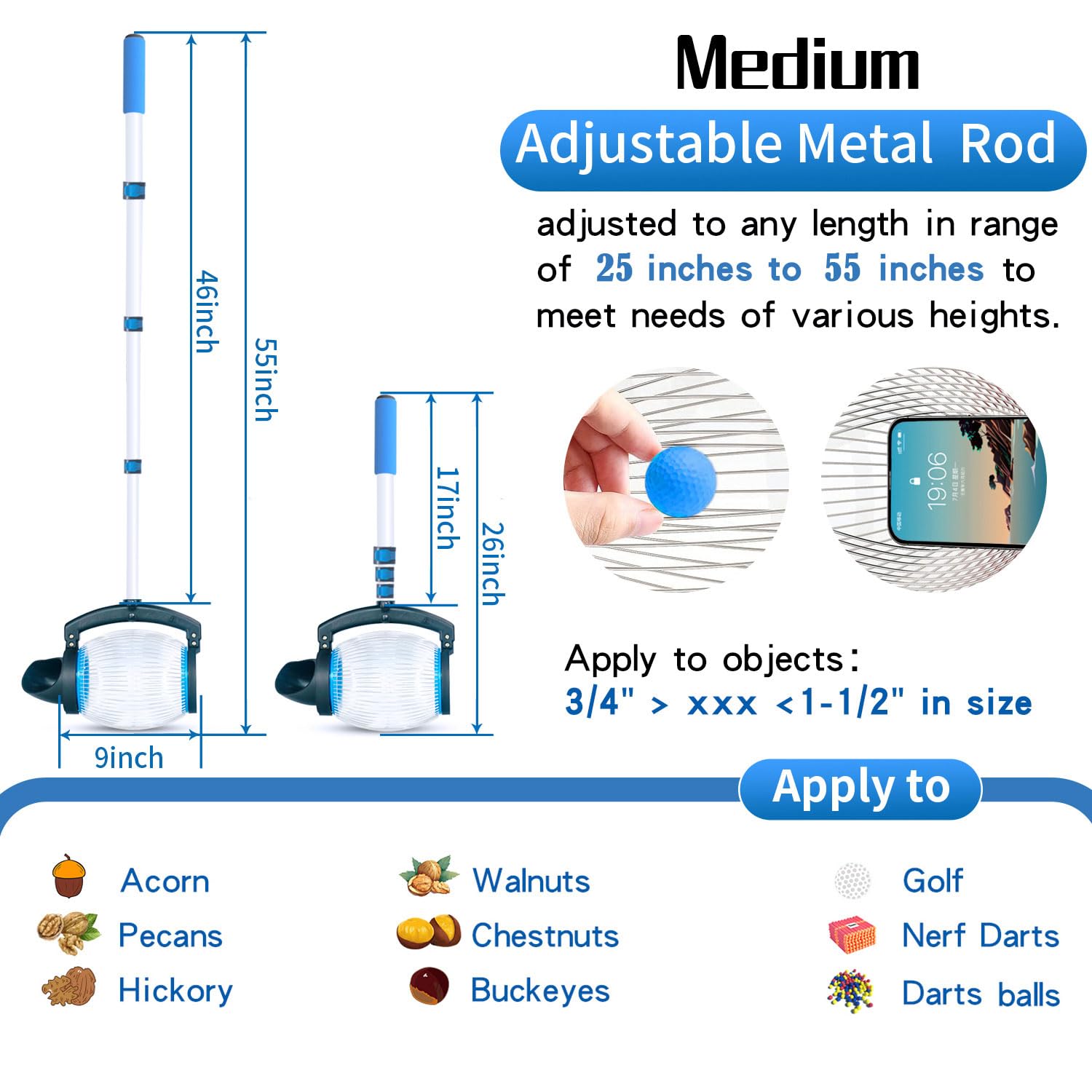 Zozen Nut Gatherer, Acorn Picker Upper, Pecan Picker Upper - Directly Dump Outlet, Apply to Acorn, Pecan, Buckeyes, Hickory Nuts, Nerf Balls, Golf Balls, Objects Size 3/8'' to 1''; 1 Gallon
