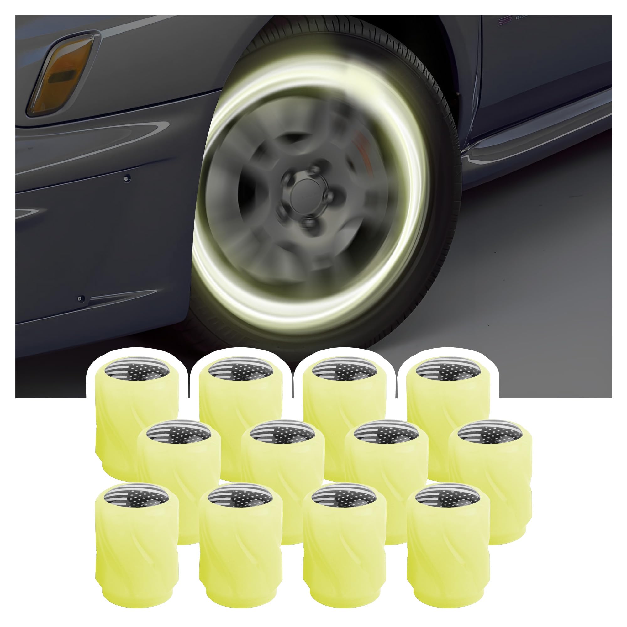 Photo 1 of 12PCS Luminous Glow in The Dark Valve Stem Caps with American Flag,Tire Valve Caps Light Up The Night,Universal Fluorescent Valve Stem Caps Enhance Safety Car Accessories (Yellow/Black Flag)