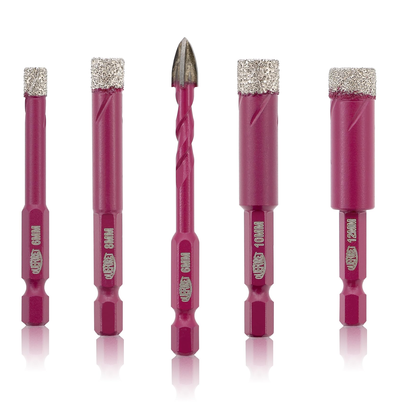 QUEFORET Diamond Drill Bits Set 5pcs - 4pcs 6/8/10/12mm Dry Hole Saw, 1pc 6mm Carbide Bit for Ceramic Porcelain Tile Marble Granite, Quick Change Hex Shank