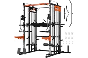 ONNO Smith Machine,2200lbs Squat Power Rack with LAT-Pull Down System & Cable Crossover Machine,Training Equipment with Leg Press Attachment,S650,Orange
