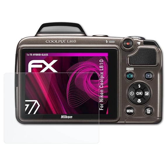 atFoliX Glasfolie kompatibel mit Nikon Coolpix L810 Panzerfolie, 9H Hybrid-Glass FX Schutzpanzer Folie