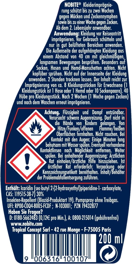 NOBITE Insektenschutz Set (3-teilig) + Kulturtasche – Mückenschutz & Kleider-Imprägnierung gegen Zecken, Tropen & Reisen – DEET 50% Hautspray 2x100ml + 200ml Kleiderspray – Langanhaltend für Familie 8