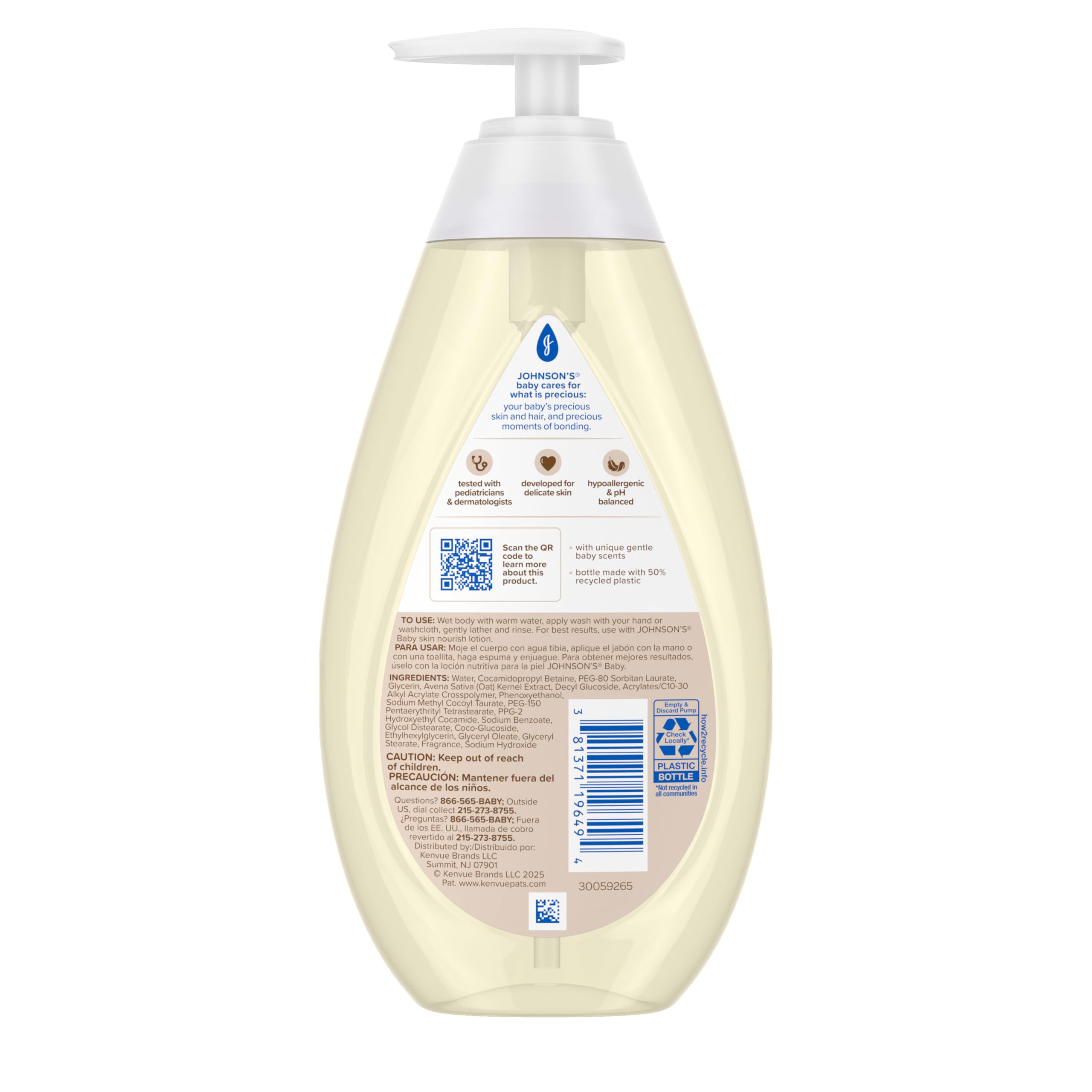 Johnson's Skin Nourishing Moisture Baby Wash, Vanilla & Oat Scents, Tear-Free, Hypoallergenic Baby Body Wash Cleanses, Protects from Dryness, & Leaves Skin Feeling Hydrated, 20.3 fl. oz