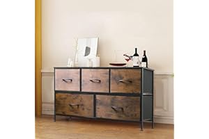 BRIGHTSHOW 5- Drawer Dresser, Tall Chest of Drawers for Bedroom, Closet, Nursery, Entryway, Fabric Clothes Storage Tower Organizer with Steel Frame, Wood Top (5 - Draw Rustic Brown)