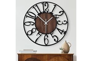Maxstar Round Wall Clock for Living Room Decor Battery Operated Non Ticking Silent Vintage Black Metal Wood Clocks for Home L