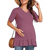 DreamGlee Maternity Top Shirts Soft Short Sleeve V-Neck Tunic Blouse with Tiered Ruffles Summer 2026