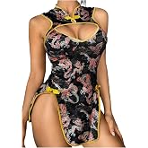 WDIRARA Women's Dragon Print Cheongsam Lingerie Dress Qipao Costume Outfits | Slit Open Back Cut Out Sexy
