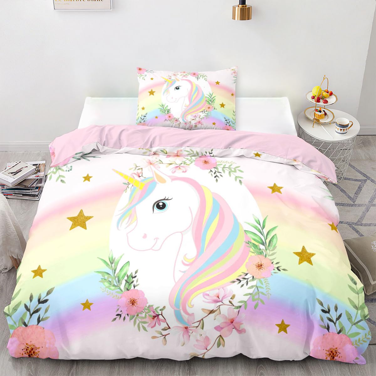 Decalsweet Unicorn Duvet Cover Set for Girls,Rainbow Pink Flower Bedding Set for Kids Children,Soft Breathable Quilt Cover with Pillowcase,Single,2 pcs