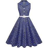 Women's 1950s Retro Polka Dot Vintage Dress Sleeveless Cocktail Prom Swing Midi Belt Dresses Notched Lapel