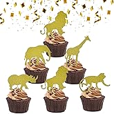 30 Pack Gold Glitter Jungle Safari Animal Cake Cupcake Toppers Cupcake Picks Decorations for Jungle Safari Animal Themed Baby Shower Birthday Party