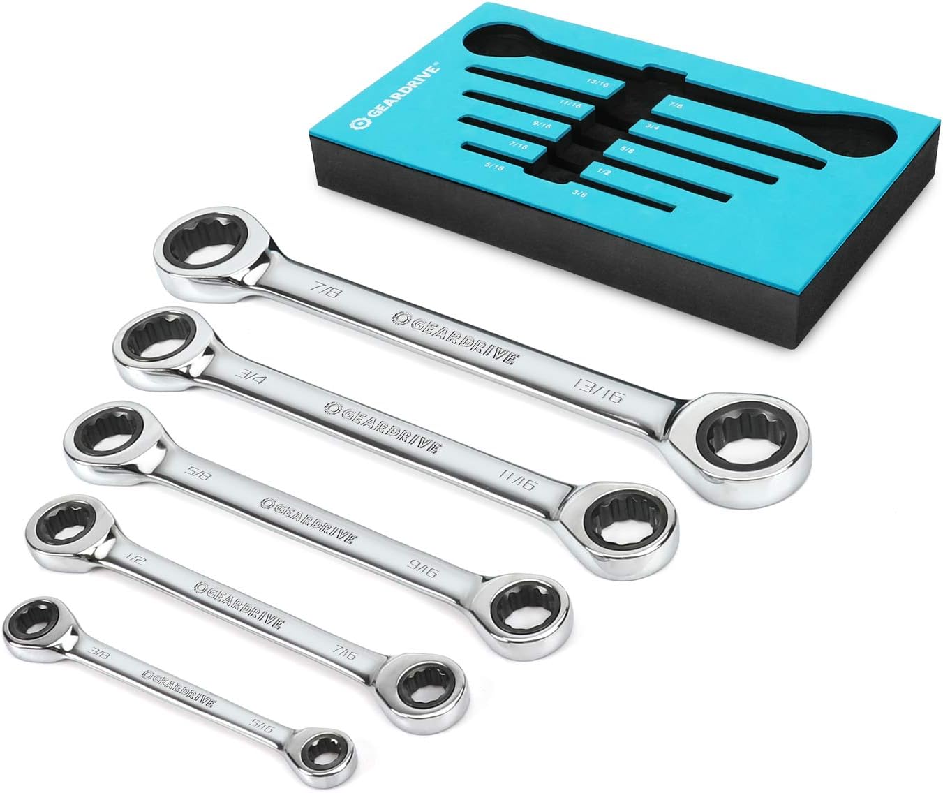 GEARDRIVE Double Box End Ratcheting Wrench Set, SAE, 5Piece, 5/16" to