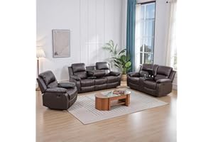 Caberryne Leather Recliner Sofa Set，Leather Reclining Couch for Living Room Furniture Sets，Brown Recliner Couch with 5 Recliners for Living Room/Office/Theater Seating(Sofa Set 3 Pieces)