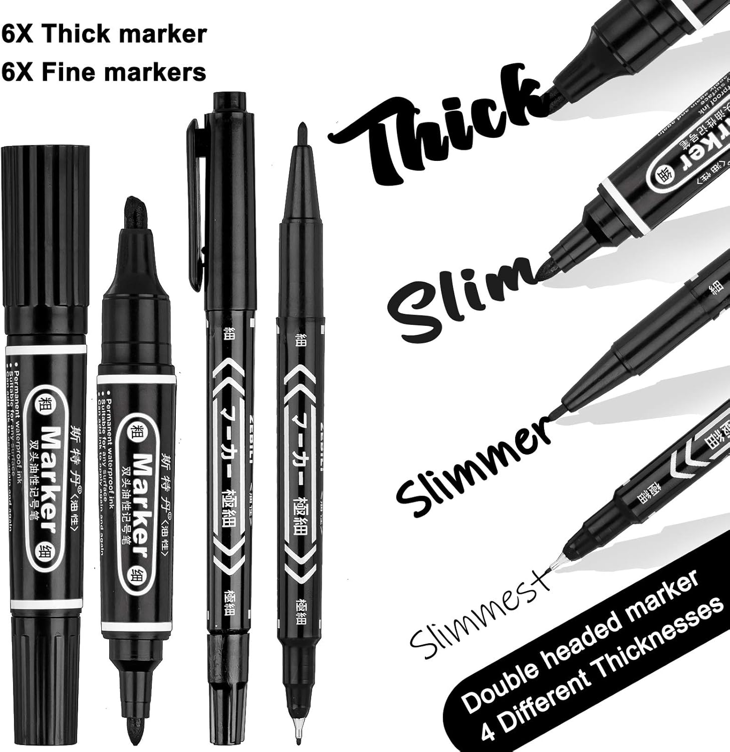 Whaline 12pcs Dual-Tip Permanent Markers 4 Sizes Marker Pen Ultra Fine Tip & Fine Tip & Chisel Tip Black Drawing Line Pen for Card Wood Glass Metal Ceramic Rock Painting Art Projects - Image 4