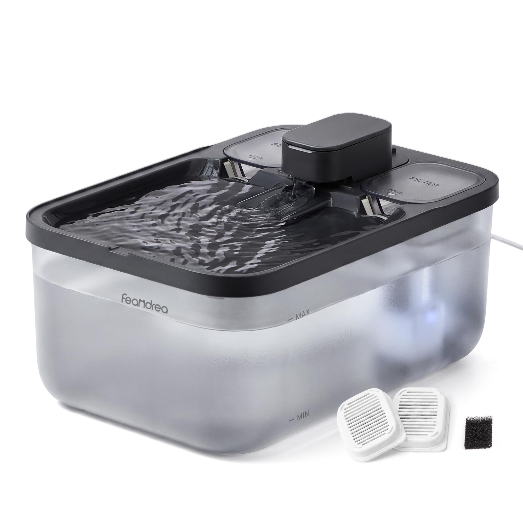Feandrea Katzenbrunnen, 4,5 L Trinkbrunnen für Katzen, Leiser Haustierbrunnen mit 2 Filtern und 1 Schwamm, Sichtbarer Wasserstand, 28,7 x 19,3 x 17,3 cm, Schwarz, BOXAL Kollektion PWF001B101