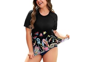 COOTRY Womens Plus Size Rash Guard Short Sleeve Swim Shirt UPF 50+ Sun Protection Swimsuit Top