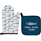 Qeheb Coastal Beach Blue Fish Oven Mitts and Pot Holders Sets, Fish Gifts Oven Mitts, Reel Good Cook Blue Fishing Over Mittens for Kitchen Decor, Beach Over Gloves Gifts