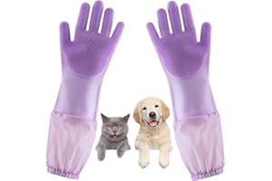 GALYNA Dog Washing Gloves, Pet Grooming Gloves with Soft Brushes, Bathing and Massaging for Dogs and Cats, Silicone Heat Resistant Cleaning Gloves with High-Density Teeth (Purple)