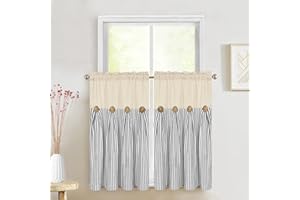 ASPMIZ Cotton Linen Farmhouse Kitchen Curtains, Grey Stripe Tier Curtains 36 Inch Lenth, Boho Rustic Button Short Rod Pocket Curtain for Small Window, Half Window Curtain for Kitchen Cafe, 2 Panels