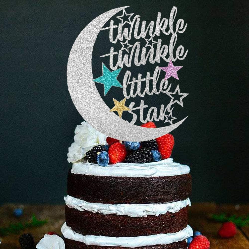 PALASASA Twinkle Twinkle Little Star Cake Topper,Half Moon Multi Color Little Star Birthday Party Baby Shower Gender Reveal Glitter Decorations (Silver)