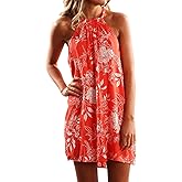 Fronage Women's Casual Sleeveless Floral Mini Dress Summer Beach Halter Neck Dresses