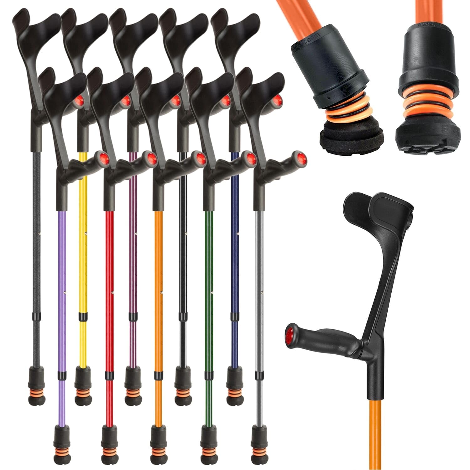 Flexyfoot Shock Absorbing Comfy Grip Adjustable Crutch – Improves Safety, Improves Comfort, Reduces Shocks & Jarring – Orange – Left Handed