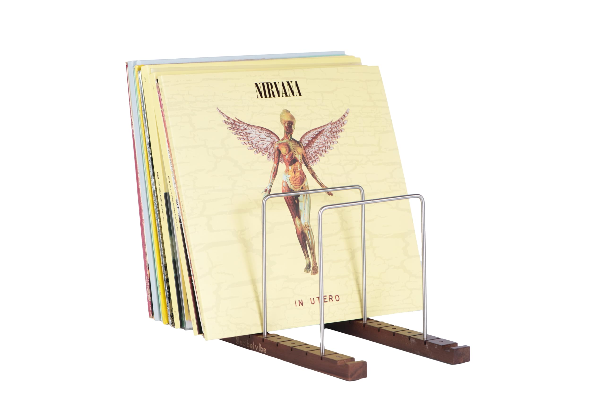 Decibelvibe Vinyl Record Storage and Player Stand, Now Playing Display with Stainless Steel and Solid Walnut Wood Premium Design, Up to 75 Records, for Living Room or HiFi Room