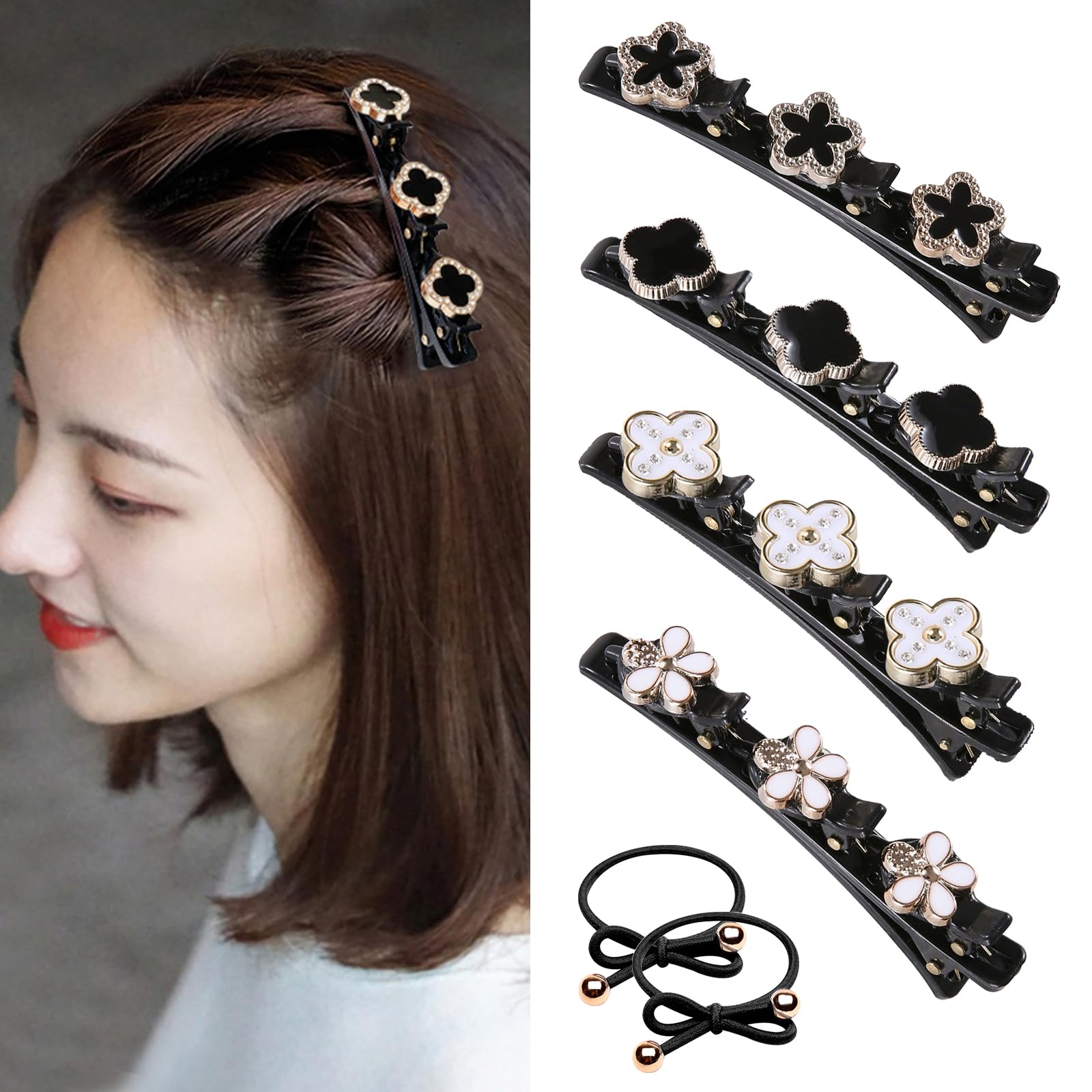 Three Flower Side Hair Clips, 4Pcs Double Braided Clip With 2 Hair Ties, Clover and Star Weaving Sectioning Clips for Women Girls