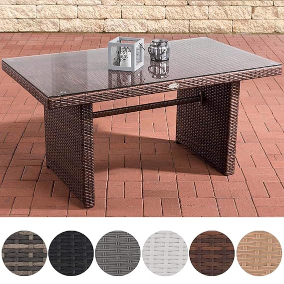 CLP Polyrattan-Gartentisch FISOLO mit Einer Tischplatte aus Glas I Wetterbeständiger Tisch aus Polyrattan Braun Meliert