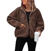 ReachMe Womens Sherpa Jacket Casual Lapel Button Down Cropped Fuzzy Fleece Jackets Long Sleeve Winter Coats with Pockets