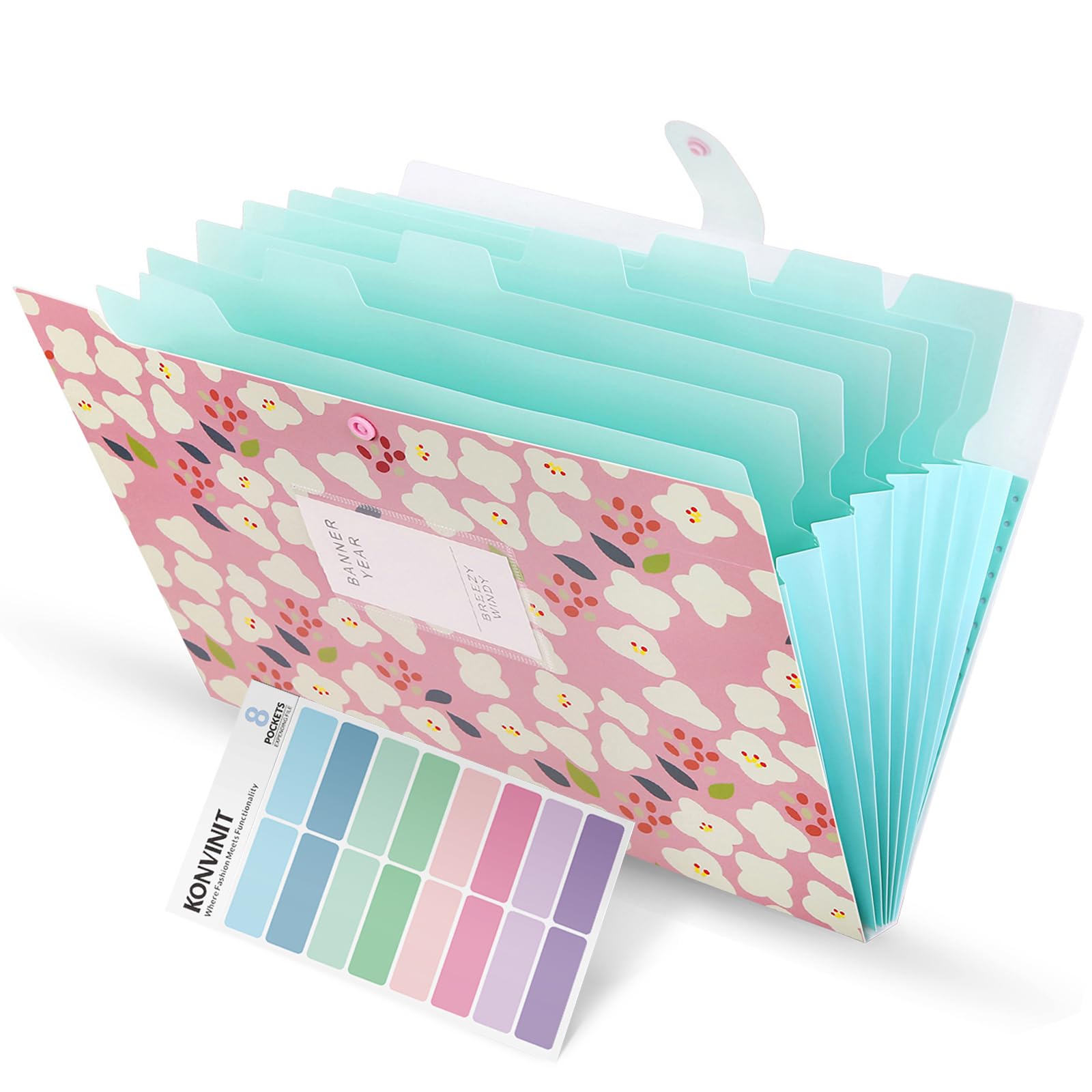 KONVINIT Accordian Expanding Paper Folder 8 Parts Floral Printed Document Wallet with Buckle Closure Archival Organizer,Pink Cover