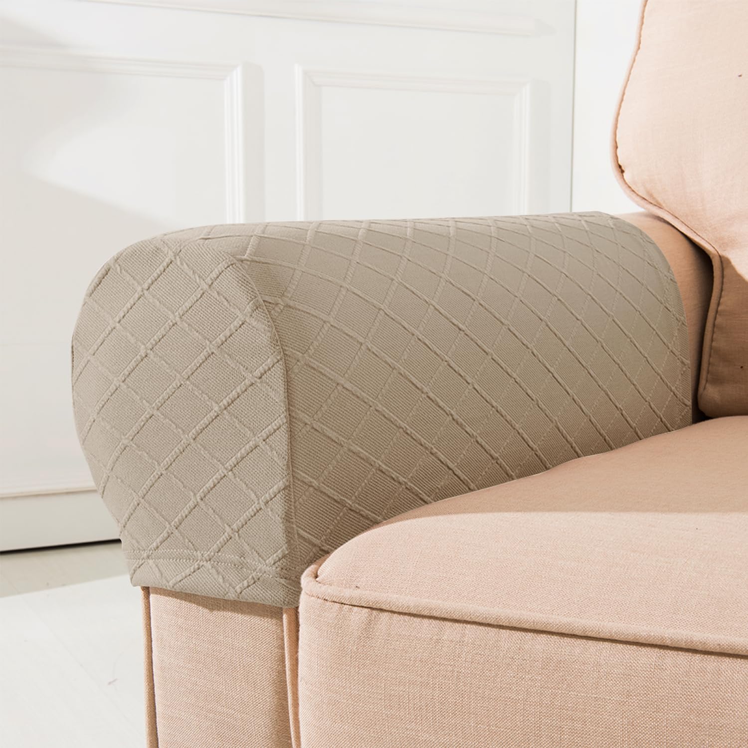NEKOSUKI Arm Rest Covers, Set of 2 Stretch Diamond Pattern Armchair Couch Stretch Armrest Chair Covers for Furniture Protector, Anti-Slip Sofa Chair Arm Caps Spandex Polyester Slipcovers (Sand)