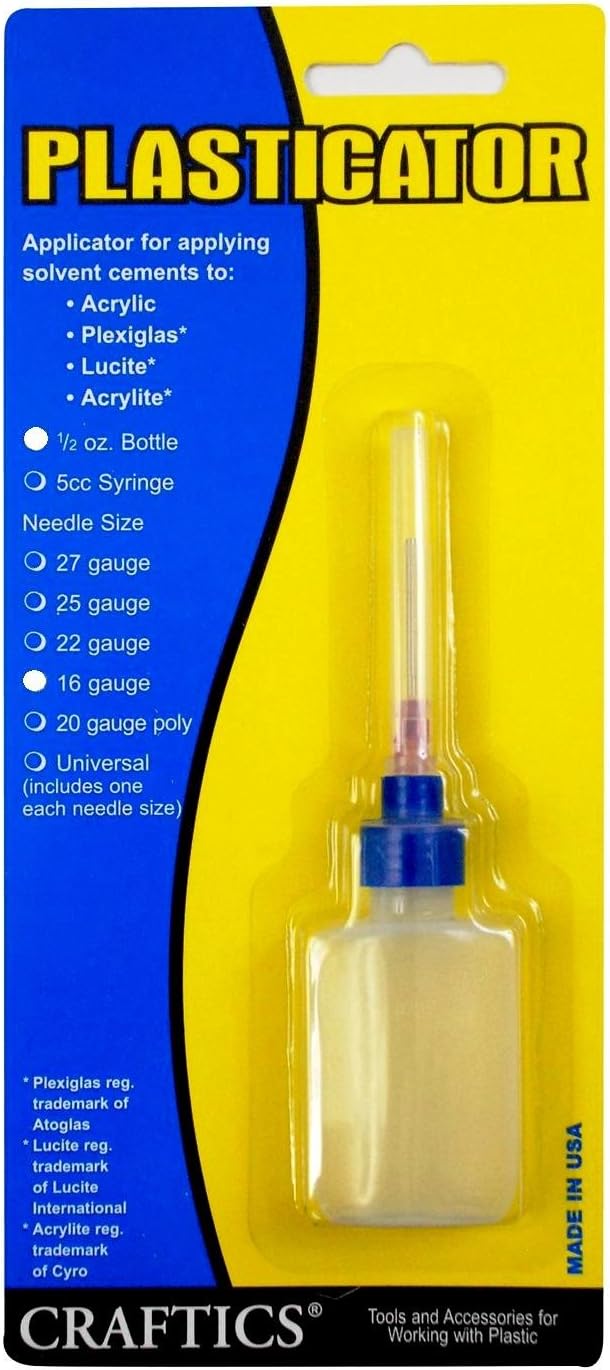 1/2 oz Bottle Plasticator, Applicator for Solvent Cements, Glues, and Adhesives - for Plastics - Needle Gauge (16 Gauge Metal Needle)