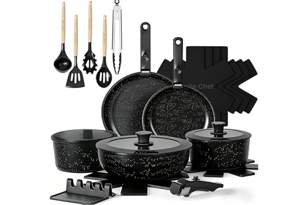 Umite Chef 21Pcs Pots and Pans Set Non Stick, Nonstick Cookware Sets Detachable Handle, Non Toxic Induction RV Kitchen Cooking Set, Dishwasher/Oven Safe, Fridge Safe, Space Saving(Black)