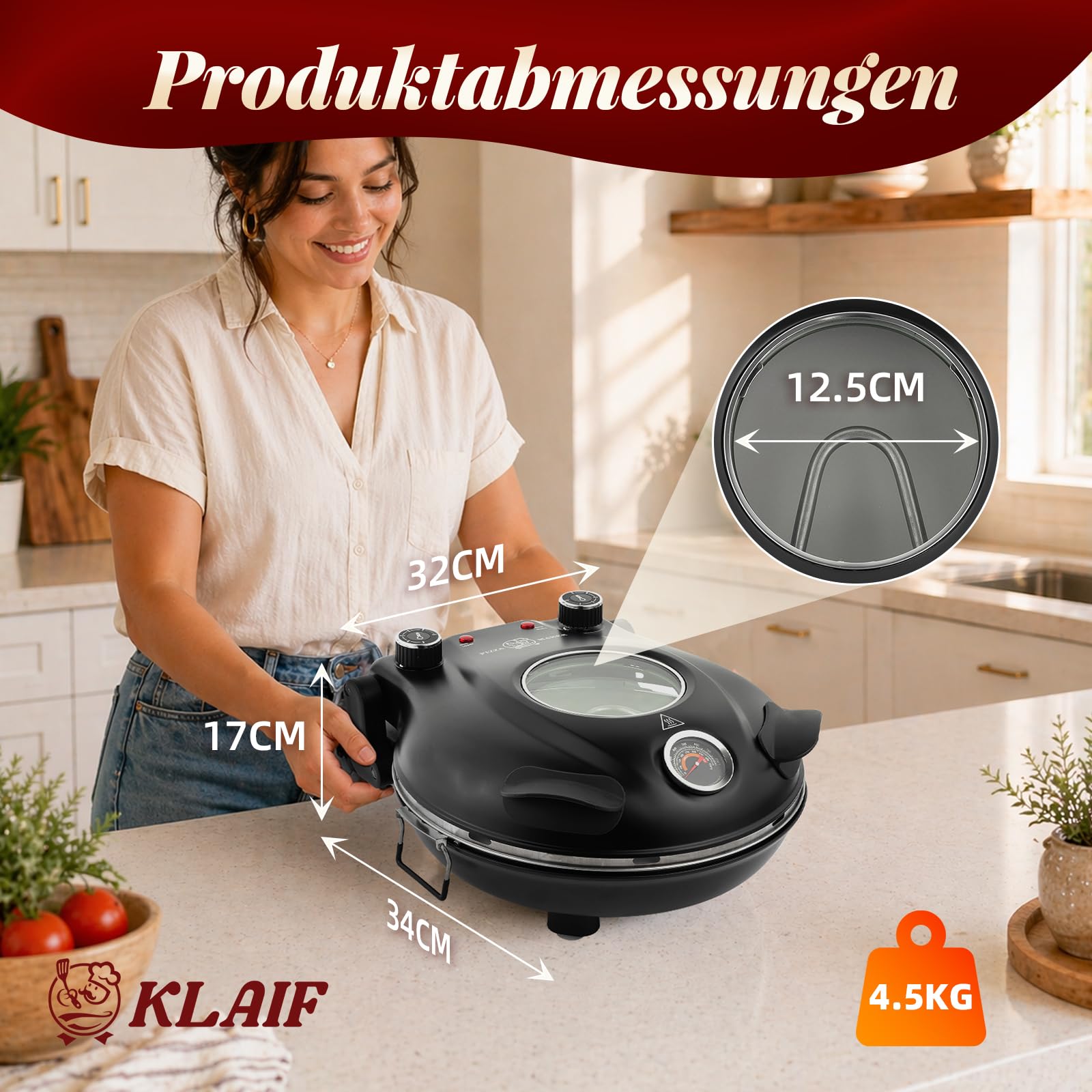 KLAIF Elektrischer Pizzaofen 420 °C, separat regelbare Ober- und Unterhitze, 31 cm Keramik-Pizzastein, 1200 W, Kompakter Pizzaofen für Zuhause, LM-Schwarz 6