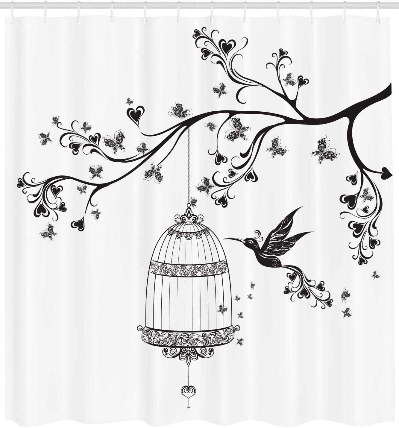 Amazon Com Lunarable Hummingbirds Shower Curtain Birds Out Of Cages Spring Birdcage On Branch Wings Tail Romantic Love Heart Cloth Fabric Bathroom Decor Set With Hooks 105 Extra Wide Black White Home
