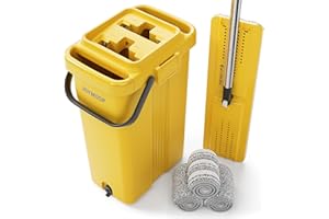 JOYMOOP Industrial Mop and Bucket Set, 17.7-inch Dust Mops for Floor Cleaning, Flat Mop Bucket with Wringer, Include 3 Reusable Microfiber Mop Pads - Yellow