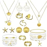 FIRSAUKI Seashell Starfish Jewelry Set for Women Sea shell Charm Necklace Summer Beach Bracelets Ocean Earrings Rings Nautical Anklet Set for Seaside Vacation