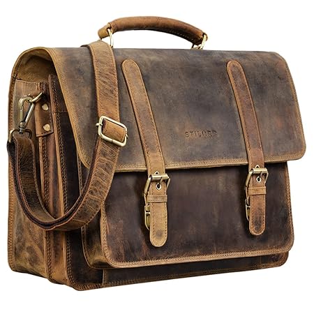 STILORD Andro Teacher Leather Bag Vintage Shoulder for 14 Inch Laptops Large Briefcase Men in Leather, Colour: Middle Brown