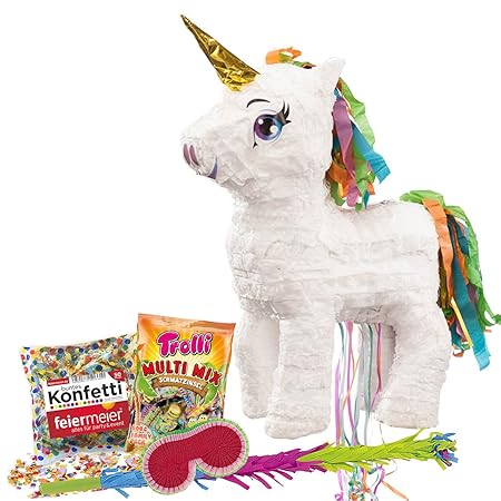 PartyMarty Pinata-Set: Pinata Süßes Einhorn mit Goldenem Horn + Schläger + Maske + Trolli Süßigkeiten-Füllung + Konfetti - fü