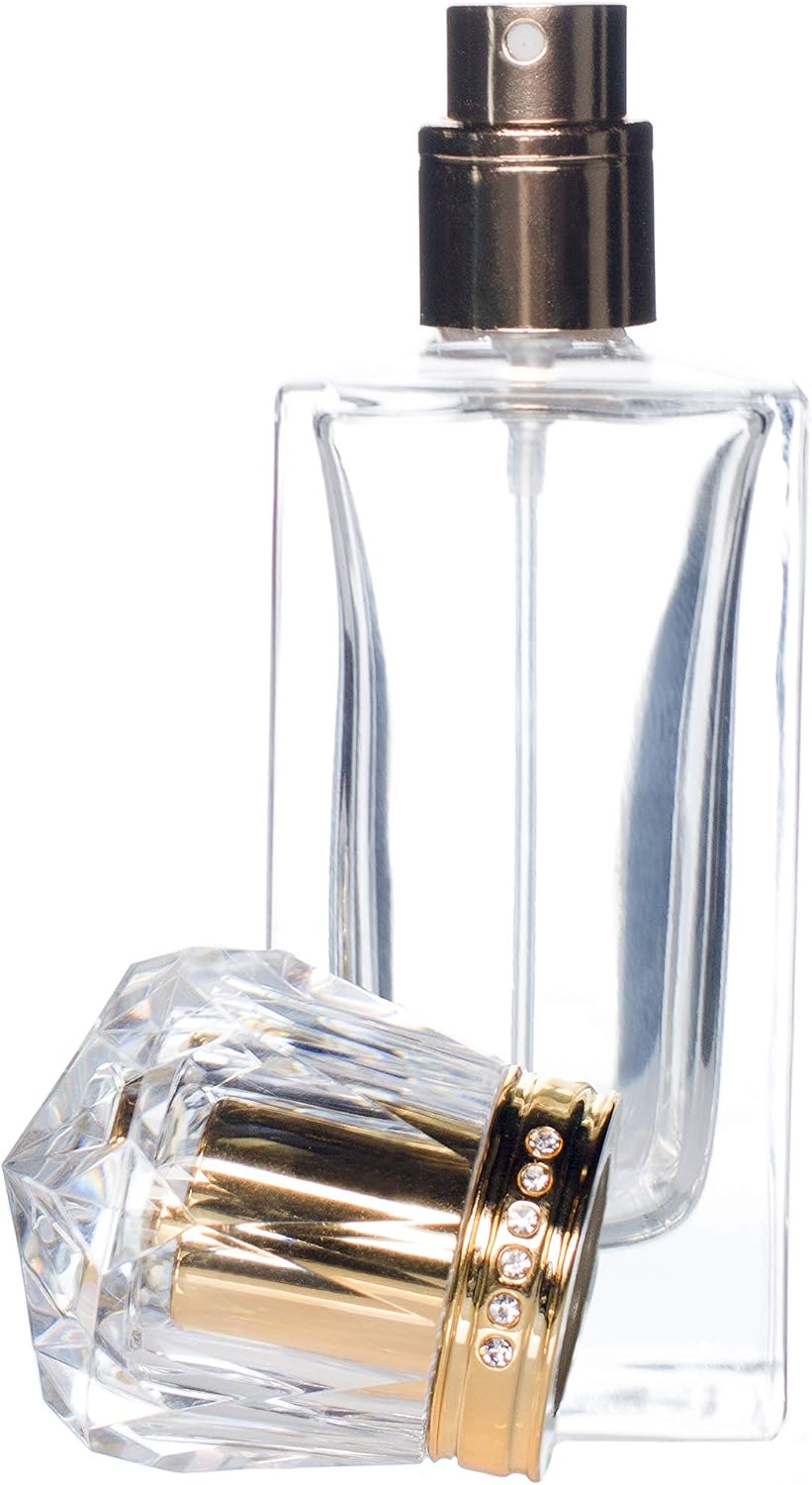 Zénitude Glassworks 50ml Empty Glass Perfume Spray Bottle Atomiser Refillable Crystal Cap (Gold), 50 ml