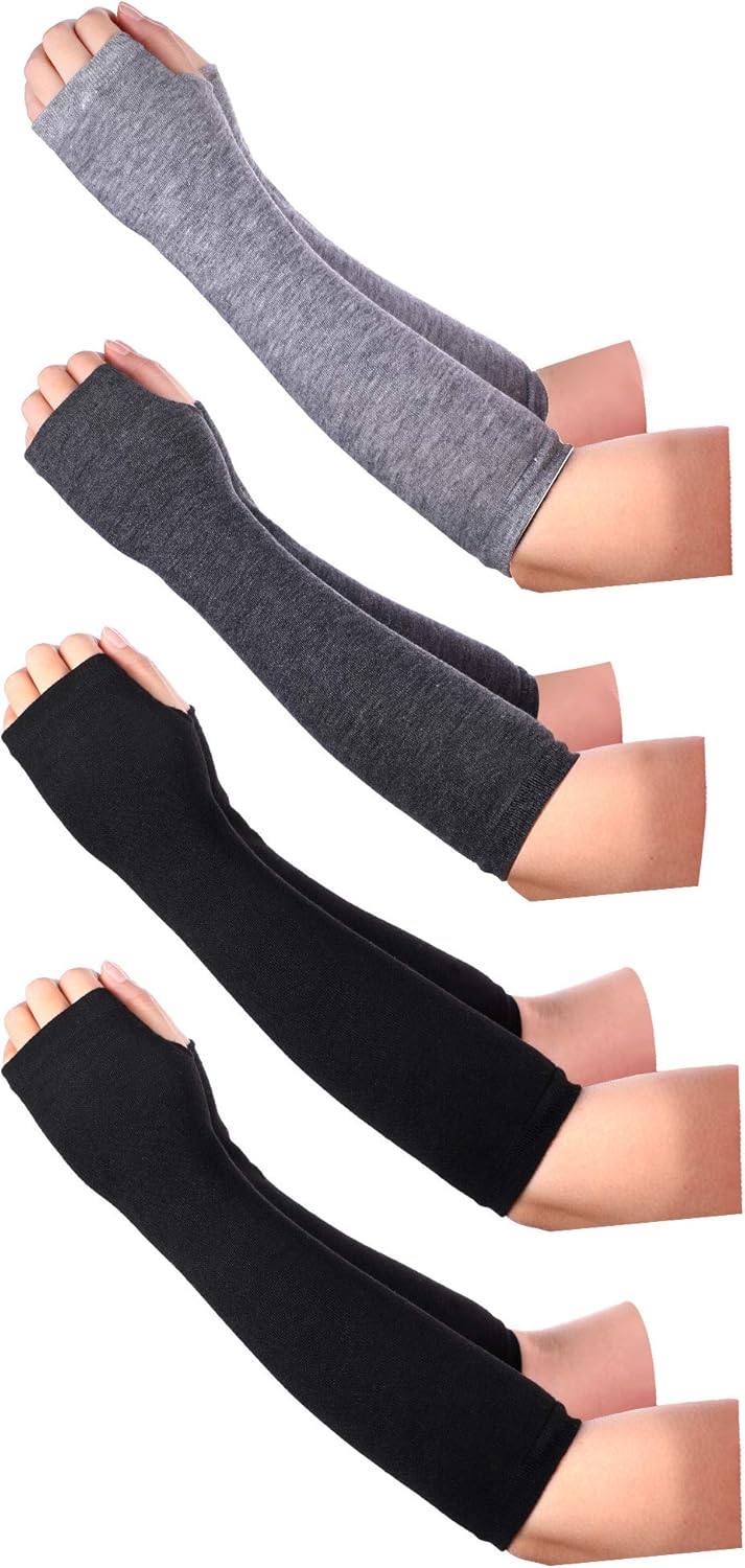 Pangda 4 Pairs Women's Fingerless Mittens Long Knitted Arm Warmers with Thumb Hole Elastic Gloves (Color Set 3): Clothing