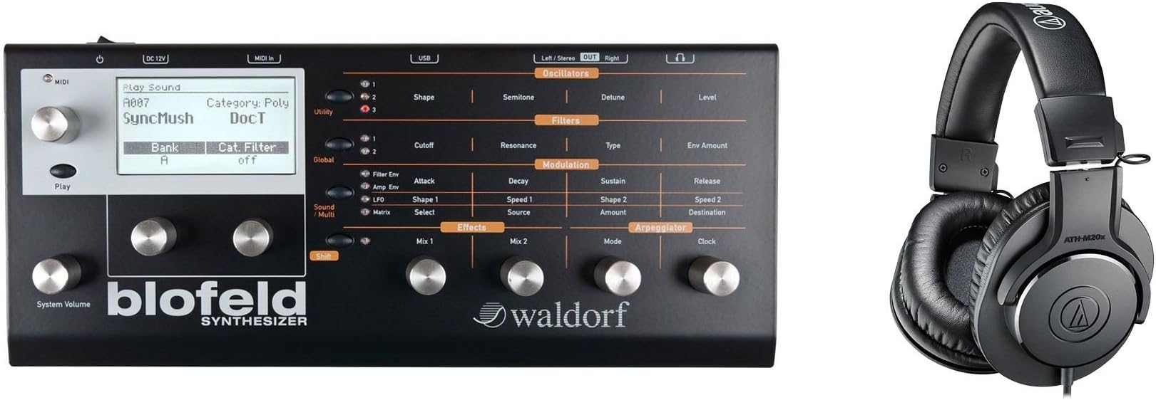 Waldorf Black Blofeld Synthesizer Desktop Module Bundle with Audio-Technica ATH-M20x Headphones (2 Items)