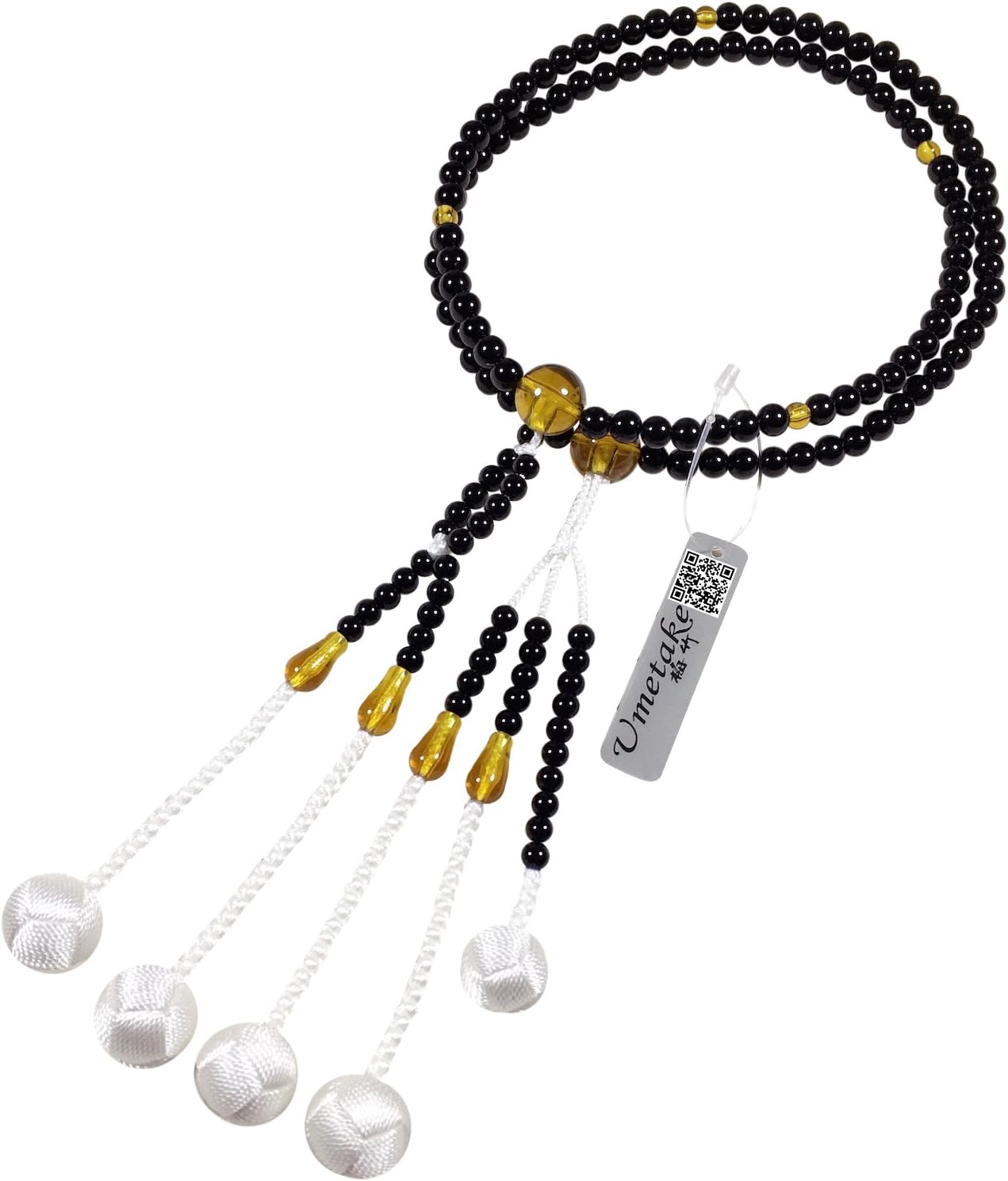 Umetake Buddhist prayer beads for men Nichiren juzu PC Black agate PC amber and White woven balls Buddha rosary Nenju pouch free of charge